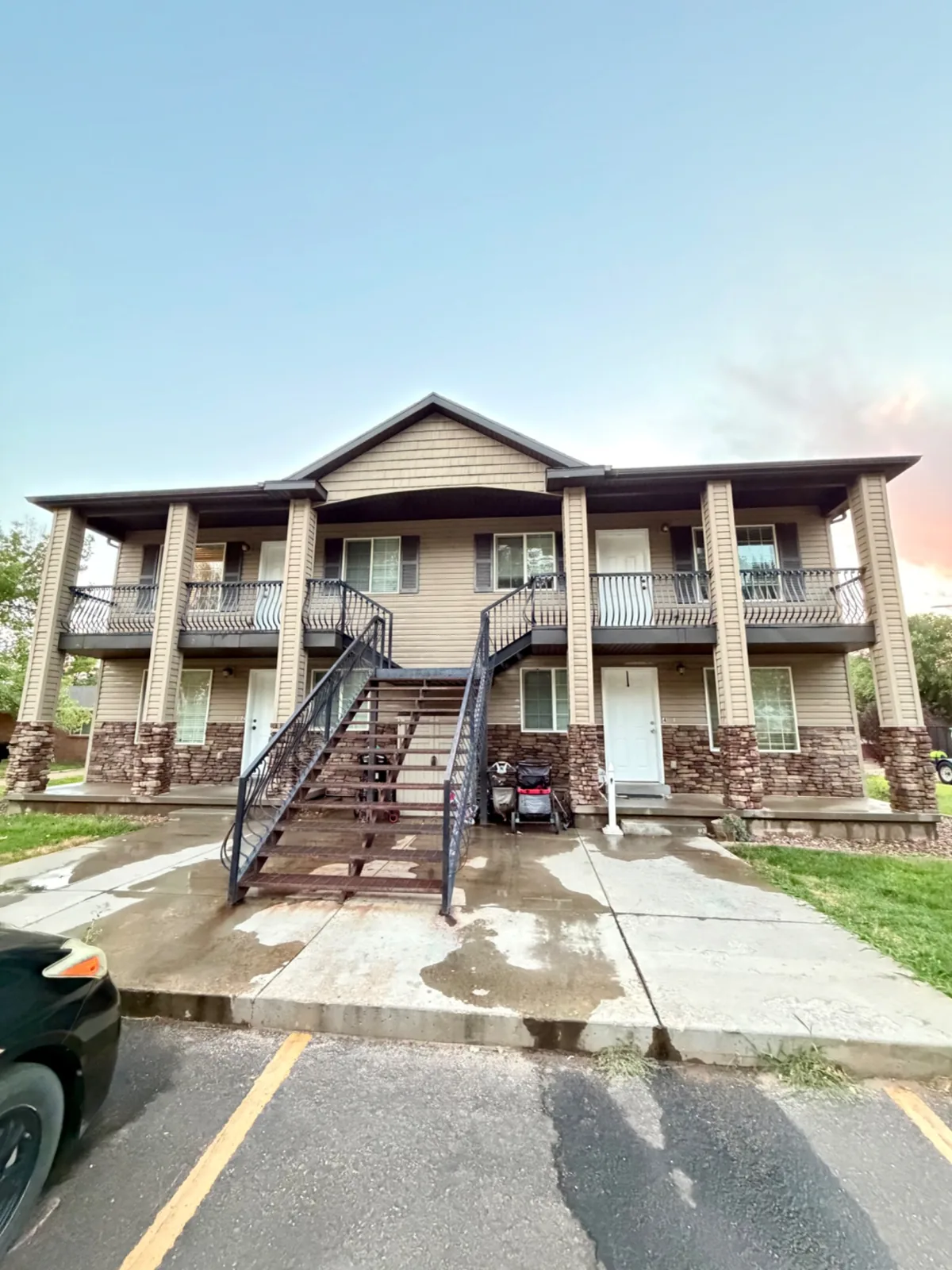 Freshly washed multi-unit building exterior