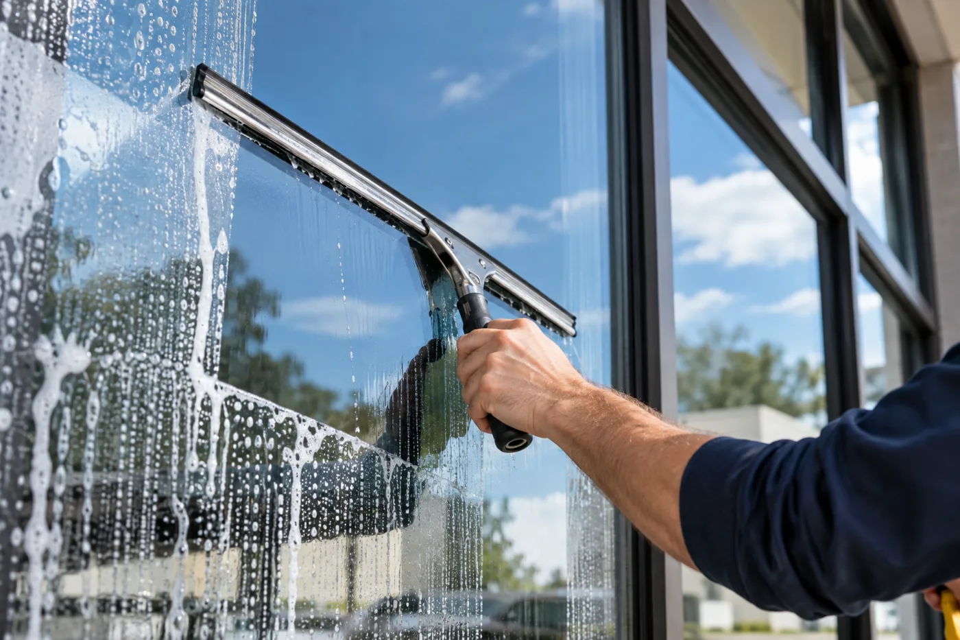 Illustrative photo of a cleaner using a squeegee on a glass window